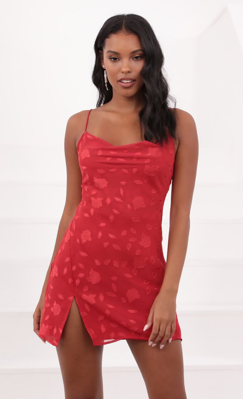 Picture Willow Slit Cowl Dress in Floral Red. Source: https://media.lucyinthesky.com/data/May21_1/800xAUTO/1V9A1852.JPG