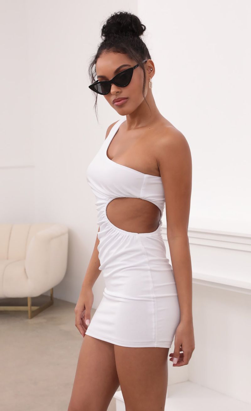 Picture London One Shoulder Cutout Dress in White. Source: https://media.lucyinthesky.com/data/May21_1/800xAUTO/1V9A3072.JPG