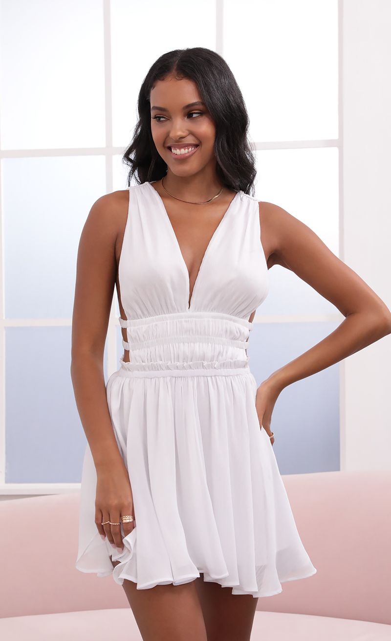 Picture Babette Plunge A-Line Dress in White. Source: https://media.lucyinthesky.com/data/May21_1/800xAUTO/1V9A3499.JPG