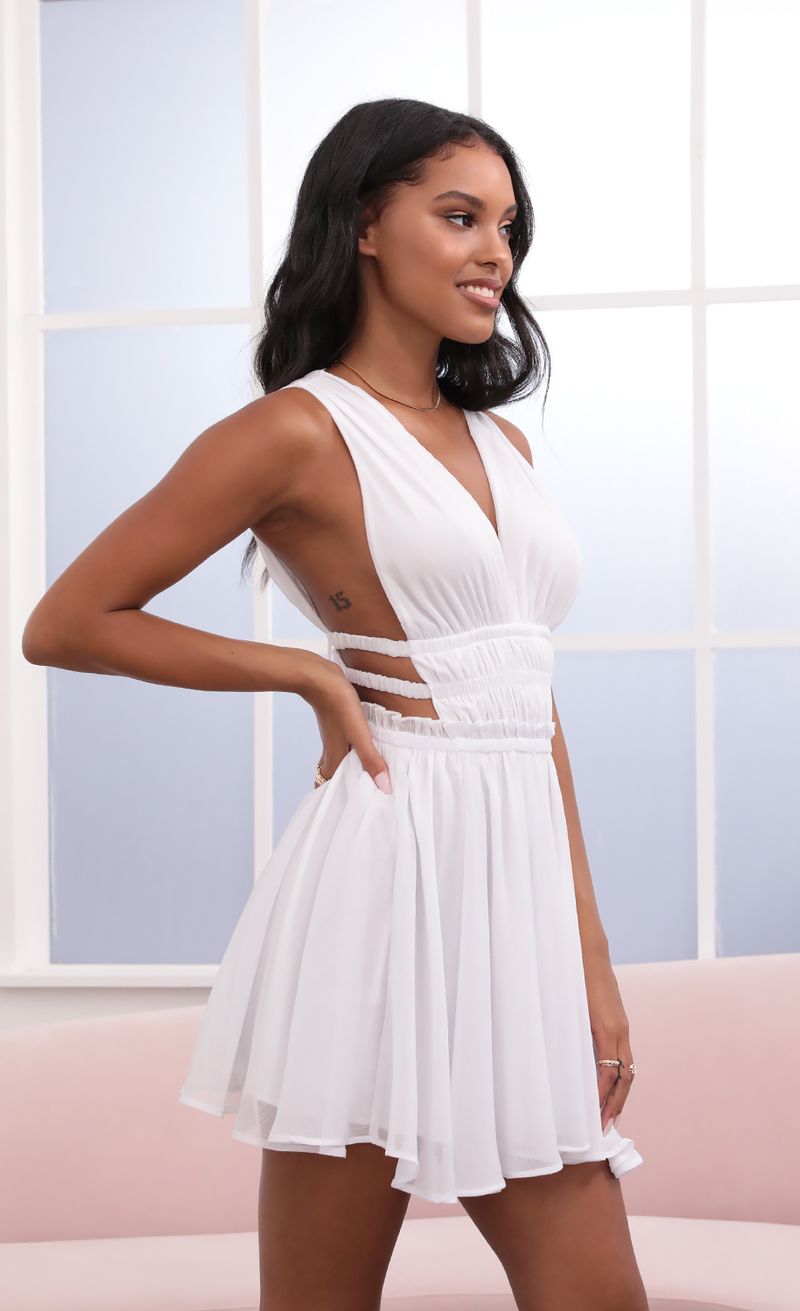 Picture Babette Plunge A-Line Dress in White. Source: https://media.lucyinthesky.com/data/May21_1/800xAUTO/1V9A3529.JPG