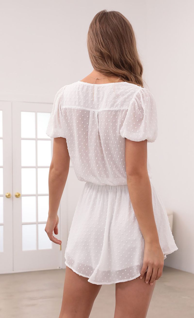 Picture Izzy Button Down Dress in White Dotted Chiffon. Source: https://media.lucyinthesky.com/data/May21_1/800xAUTO/1V9A4315.JPG