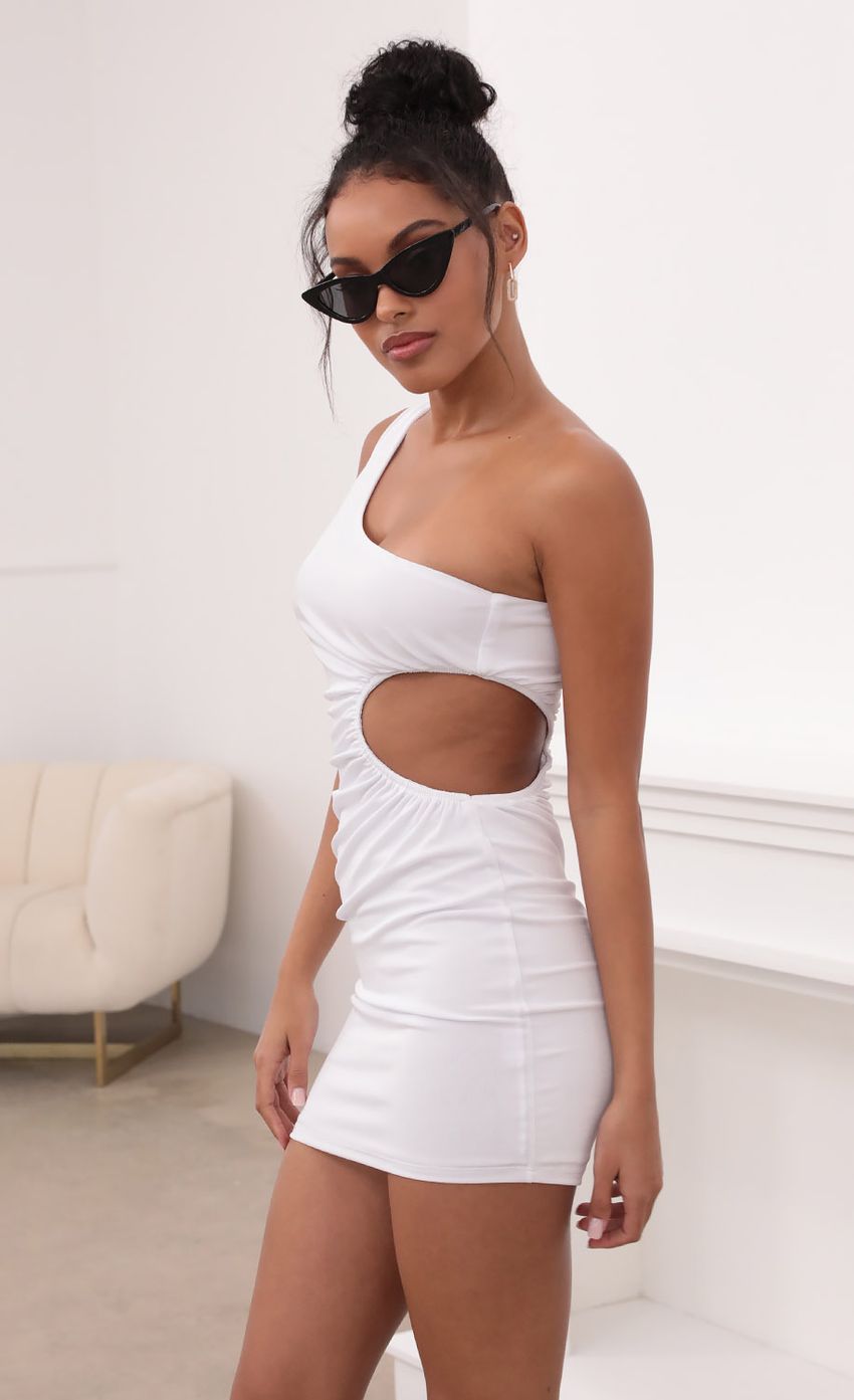 Picture London One Shoulder Cutout Dress in White. Source: https://media.lucyinthesky.com/data/May21_1/850xAUTO/1V9A3072.JPG
