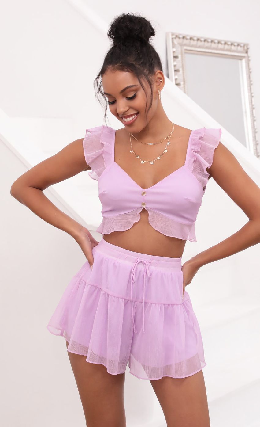 Picture Caris Crinkle Chiffon Set in Lavender. Source: https://media.lucyinthesky.com/data/May21_1/850xAUTO/1V9A4913.JPG