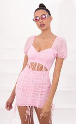 Picture Donna Ruched Cutout and Ties Dress in Pink Dotted Chiffon. Source: https://media.lucyinthesky.com/data/May21_2/150xAUTO/1V9A1169.JPG