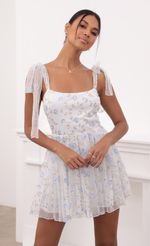 Picture Jacqueline Embroidered Blue Flower Mesh Dress in White. Source: https://media.lucyinthesky.com/data/May21_2/150xAUTO/1V9A3289.JPG