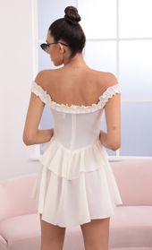 Picture thumb Darlene Off The Shoulder Lace Up Dress in Ivory. Source: https://media.lucyinthesky.com/data/May21_2/170xAUTO/1V9A0588.JPG