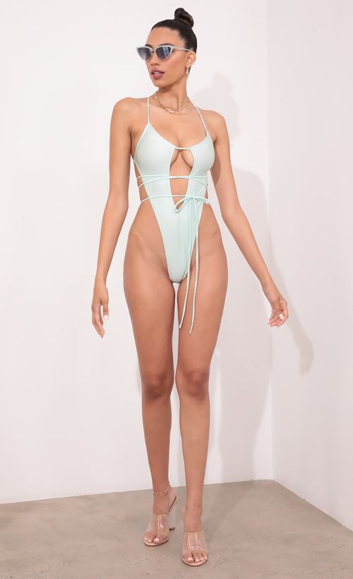 Picture Santorini High Waisted Swimsuit in Mint. Source: https://media.lucyinthesky.com/data/May21_2/500xAUTO/1V9A0021.JPG