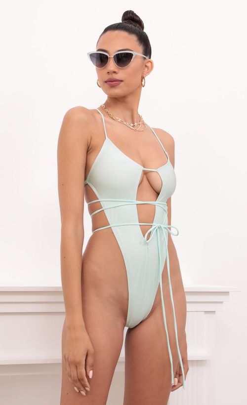 Picture Santorini High Waisted Swimsuit in Mint. Source: https://media.lucyinthesky.com/data/May21_2/500xAUTO/1V9A0084.JPG