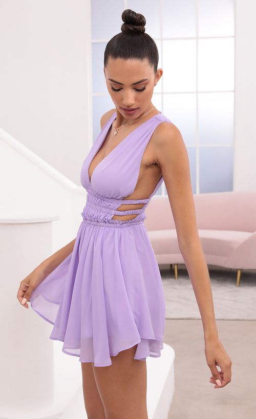 Picture Babette Plunge A-Line Dress in Lavender. Source: https://media.lucyinthesky.com/data/May21_2/500xAUTO/1V9A0407.JPG