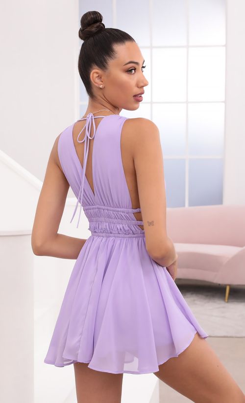 Picture Babette Plunge A-Line Dress in Lavender. Source: https://media.lucyinthesky.com/data/May21_2/500xAUTO/1V9A0457.JPG