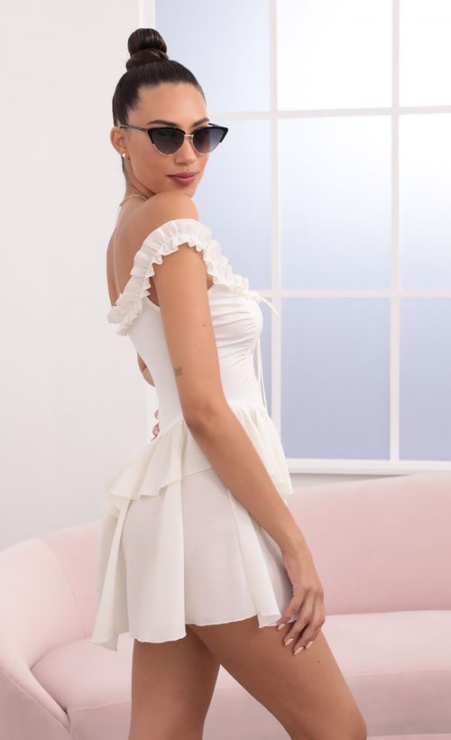 Picture Darlene Off The Shoulder Lace Up Dress in Ivory. Source: https://media.lucyinthesky.com/data/May21_2/500xAUTO/1V9A0579.JPG