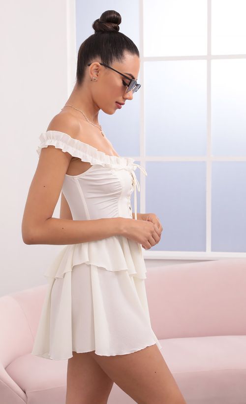 Picture Darlene Off The Shoulder Lace Up Dress in Ivory. Source: https://media.lucyinthesky.com/data/May21_2/500xAUTO/1V9A0583.JPG