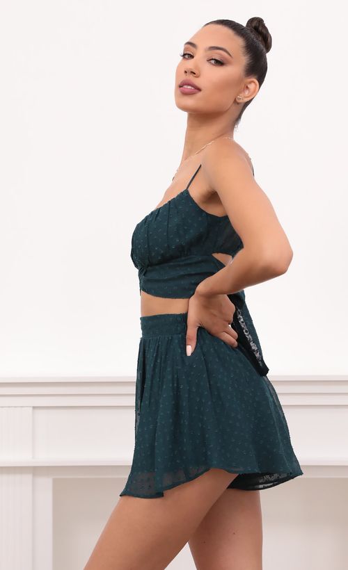 Picture Faith Ruched Set in Hunter Green Dotted Chiffon. Source: https://media.lucyinthesky.com/data/May21_2/500xAUTO/1V9A0704.JPG