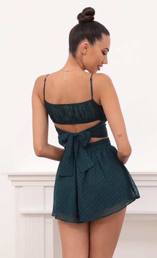 Picture Faith Ruched Set in Hunter Green Dotted Chiffon. Source: https://media.lucyinthesky.com/data/May21_2/500xAUTO/1V9A0725.JPG