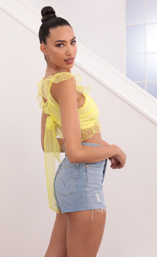 Picture Caris Dotted Chiffon Top in Yellow. Source: https://media.lucyinthesky.com/data/May21_2/500xAUTO/1V9A0942.JPG