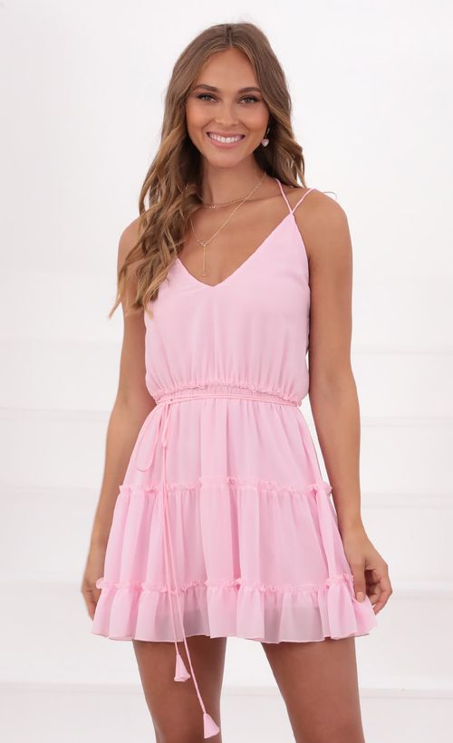 Picture Ayumi Tassle V-Neck dress in Pink. Source: https://media.lucyinthesky.com/data/May21_2/500xAUTO/1V9A1073.JPG