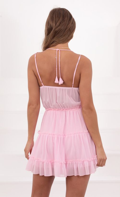 Picture Ayumi Tassle V-Neck dress in Pink. Source: https://media.lucyinthesky.com/data/May21_2/500xAUTO/1V9A1133.JPG