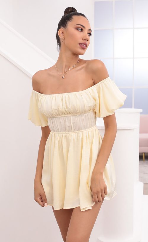 Picture Dorothy Off The Shoulder Dress in Pastel Yellow. Source: https://media.lucyinthesky.com/data/May21_2/500xAUTO/1V9A13001.JPG