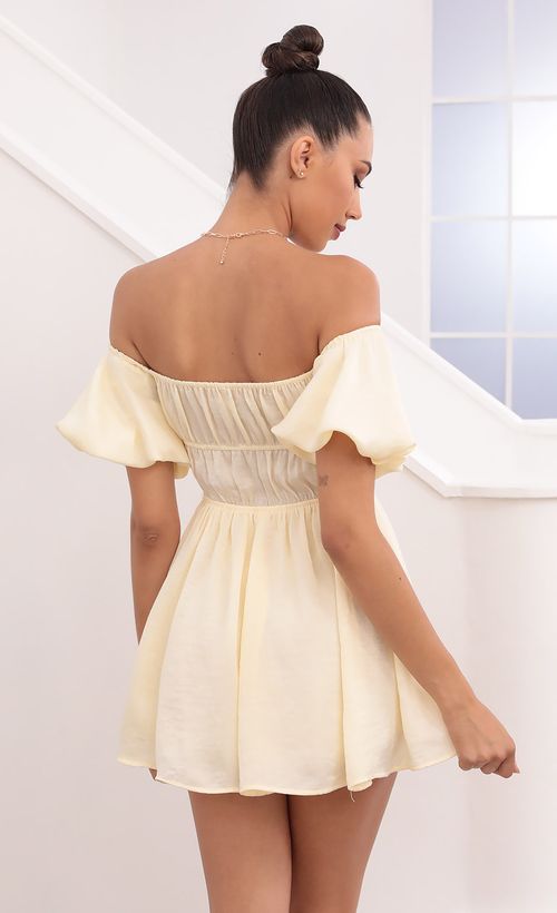 Picture Dorothy Off The Shoulder Dress in Pastel Yellow. Source: https://media.lucyinthesky.com/data/May21_2/500xAUTO/1V9A1353.JPG