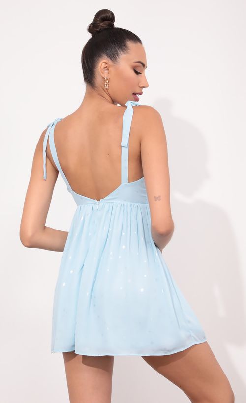 Picture Veronica Ties A-line Dress in Aqua Starlight. Source: https://media.lucyinthesky.com/data/May21_2/500xAUTO/1V9A2592.JPG