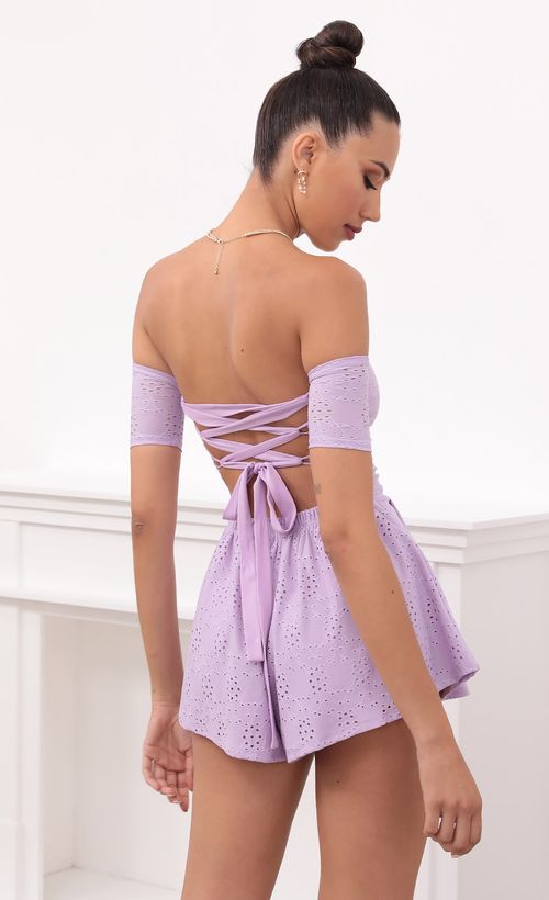 Picture Gabriella Lavender Eyelet Lace-Up Romper. Source: https://media.lucyinthesky.com/data/May21_2/500xAUTO/1V9A2691.JPG