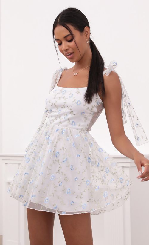 Picture Jacqueline Embroidered Blue Flower Mesh Dress in White. Source: https://media.lucyinthesky.com/data/May21_2/500xAUTO/1V9A3219.JPG