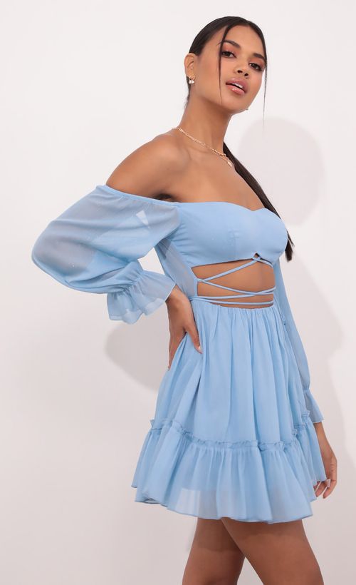 Picture Serena Cutout Off The Shoulder Dress in Sky Blue. Source: https://media.lucyinthesky.com/data/May21_2/500xAUTO/1V9A4082.JPG