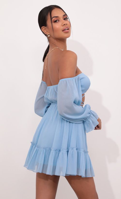 Picture Serena Cutout Off The Shoulder Dress in Sky Blue. Source: https://media.lucyinthesky.com/data/May21_2/500xAUTO/1V9A4114.JPG