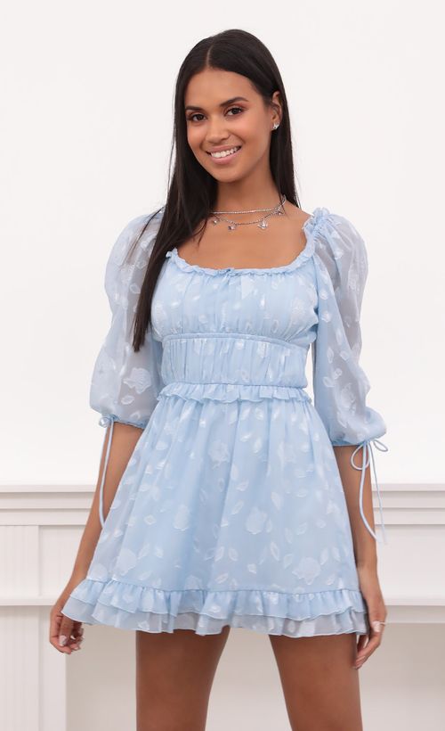 Picture April Puff Sleeve Dress in Light Blue Floral Chiffon. Source: https://media.lucyinthesky.com/data/May21_2/500xAUTO/1V9A4990.JPG
