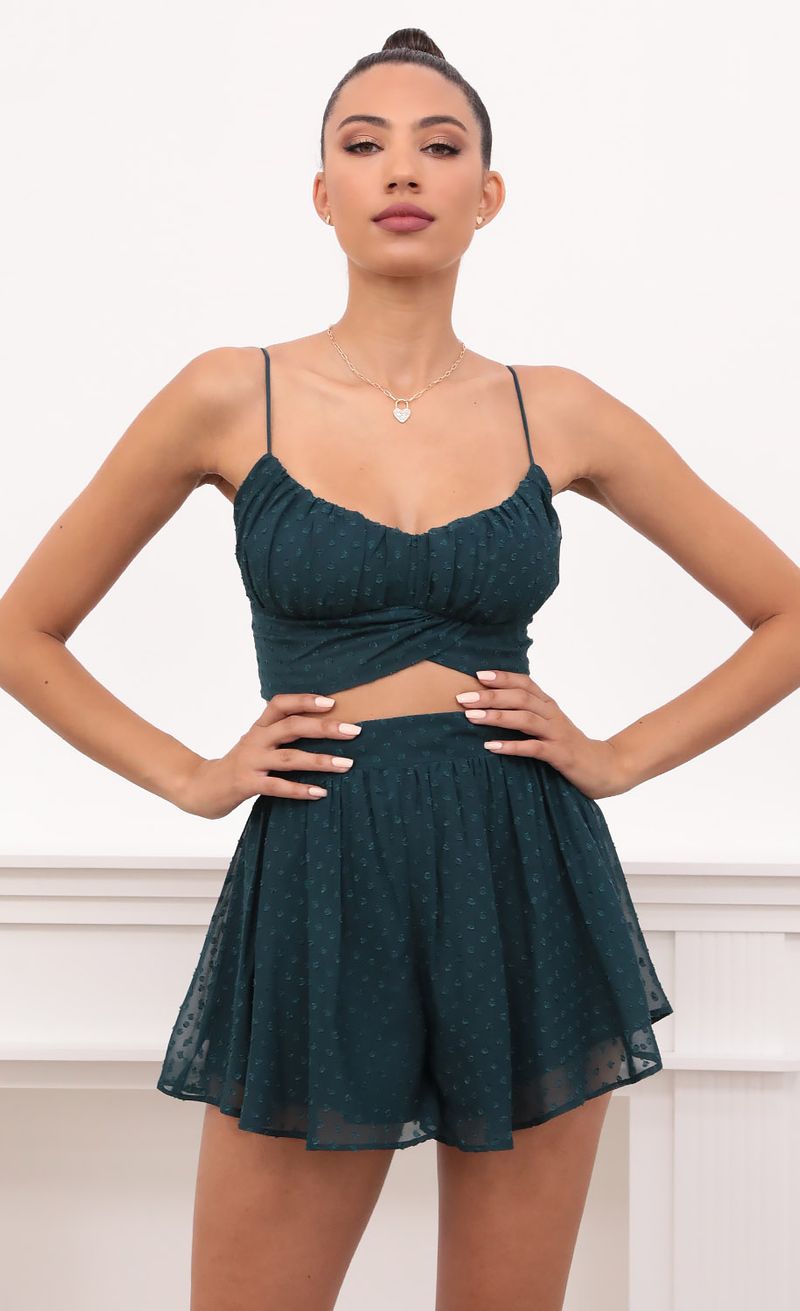 Picture Faith Ruched Set in Hunter Green Dotted Chiffon. Source: https://media.lucyinthesky.com/data/May21_2/800xAUTO/1V9A0672.JPG