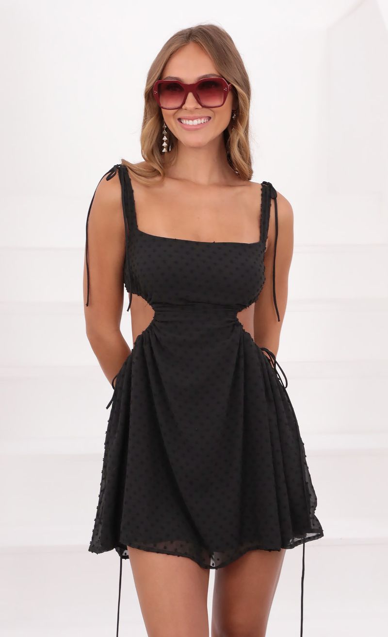 Picture Ashley Cutout Dress in Black Dotted Chiffon. Source: https://media.lucyinthesky.com/data/May21_2/800xAUTO/1V9A16261.JPG