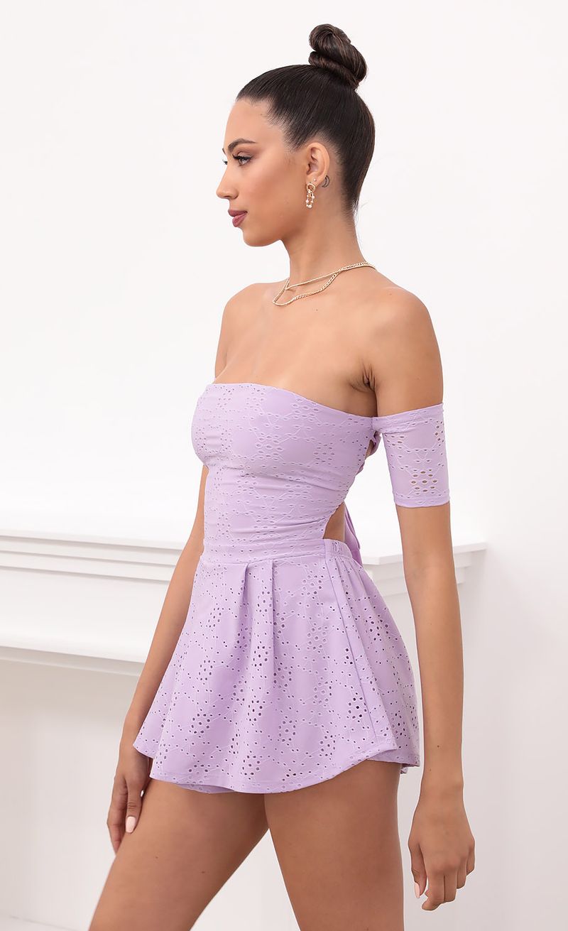 Picture Gabriella Lavender Eyelet Lace-Up Romper. Source: https://media.lucyinthesky.com/data/May21_2/800xAUTO/1V9A2675.JPG