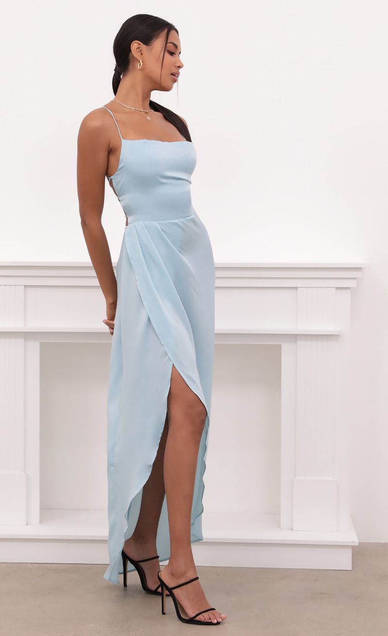 Picture Ciara Satin Luxe Maxi in Dusty Blue. Source: https://media.lucyinthesky.com/data/May21_2/800xAUTO/1V9A4381.JPG