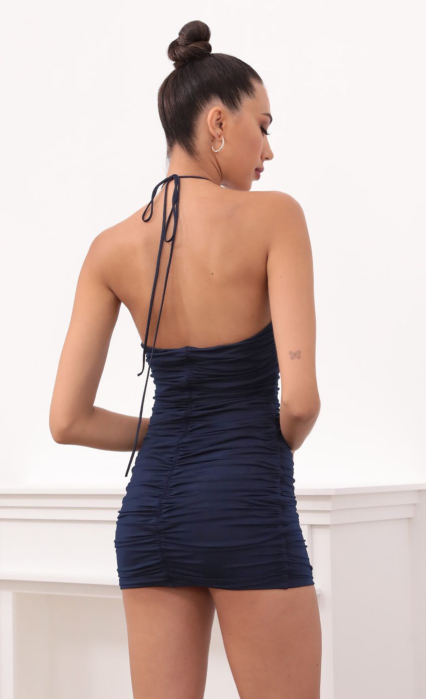Picture Mandy Keyhole Ruched Dress in Navy. Source: https://media.lucyinthesky.com/data/May21_2/850xAUTO/1V9A0335.JPG