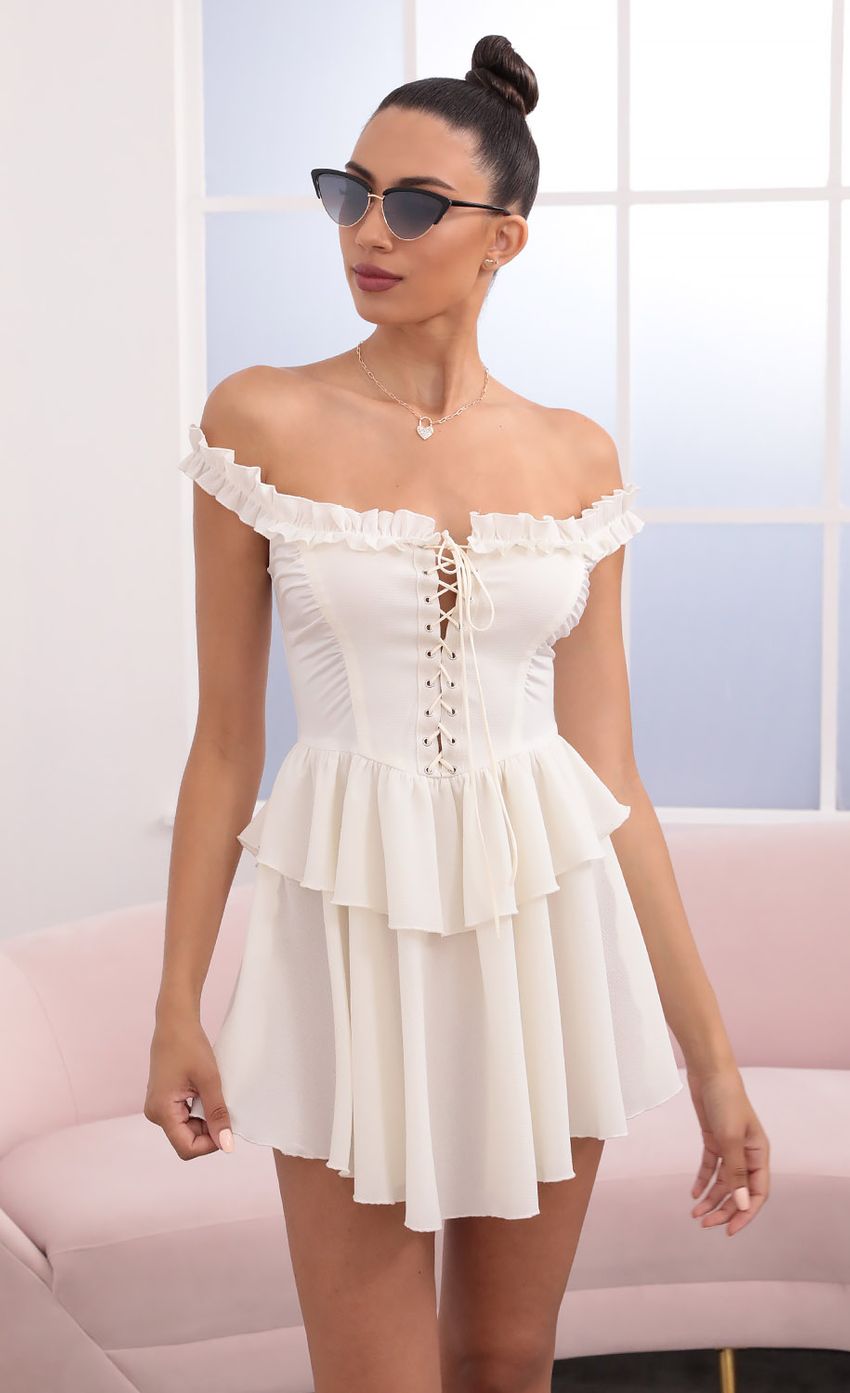 Picture Darlene Off The Shoulder Lace Up Dress in Ivory. Source: https://media.lucyinthesky.com/data/May21_2/850xAUTO/1V9A05461.JPG