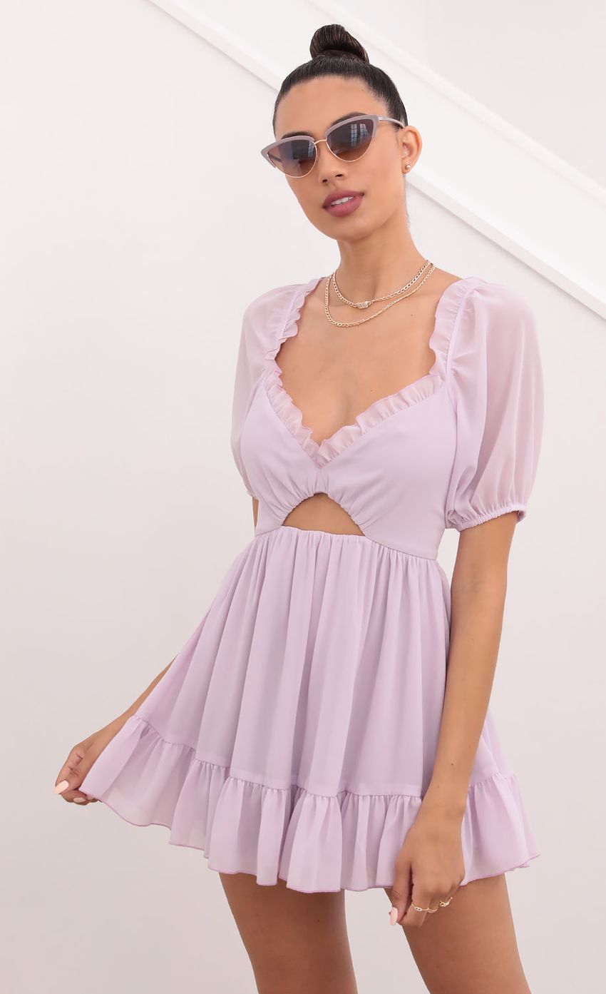 Picture Samantha Keyhole Cutout Dress in Lavender. Source: https://media.lucyinthesky.com/data/May21_2/850xAUTO/1V9A1621.JPG