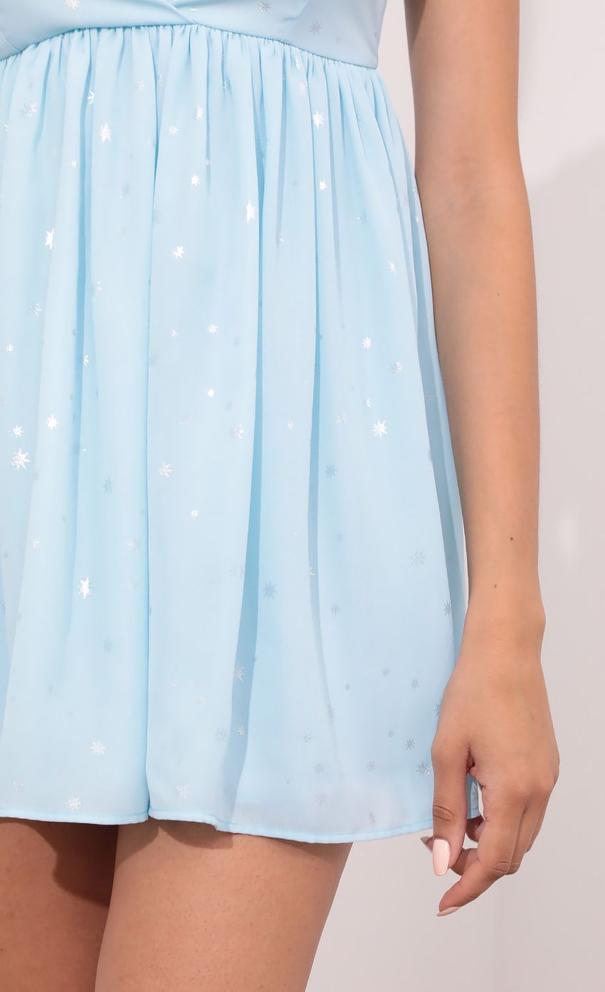 Picture Veronica Ties A-line Dress in Aqua Starlight. Source: https://media.lucyinthesky.com/data/May21_2/850xAUTO/1V9A2600.JPG