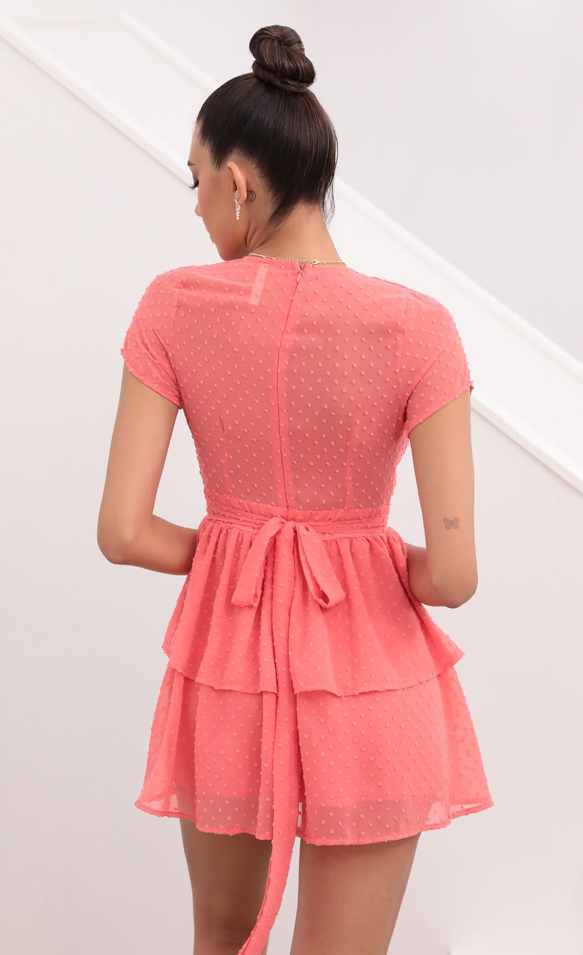 Picture Take Me to Paris Dress in Coral Polka Dot Chiffon. Source: https://media.lucyinthesky.com/data/May21_2/850xAUTO/1V9A3034.JPG