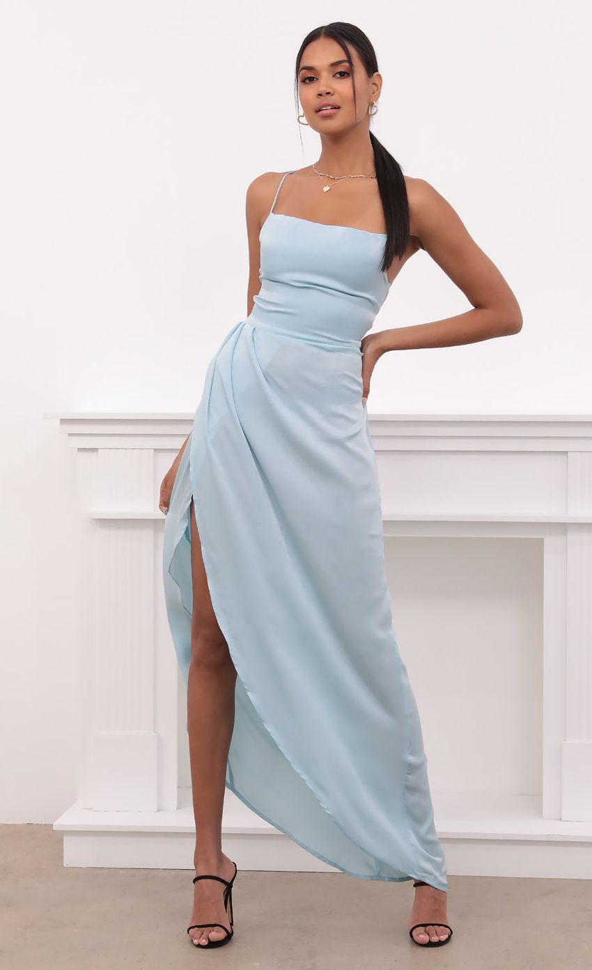 Picture Ciara Satin Luxe Maxi in Dusty Blue. Source: https://media.lucyinthesky.com/data/May21_2/850xAUTO/1V9A4331.JPG
