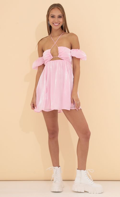 Picture Suzy Puff Sleeve Dress in Shiny Pink. Source: https://media.lucyinthesky.com/data/May22_1/500xAUTO/1V9A3040.JPG