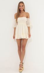 Picture Roxana Chiffon Off The Shoulder Dress in Cream. Source: https://media.lucyinthesky.com/data/May22_2/150xAUTO/1V9A0302.JPG