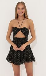 Picture Arli Baby Doll Dress in Black with Gold Dots. Source: https://media.lucyinthesky.com/data/May22_2/150xAUTO/1V9A2645.JPG