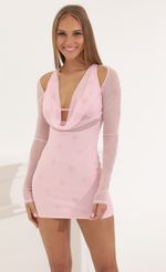 Picture Tavia Mesh Cowl Neck Dress in Pink Glitter. Source: https://media.lucyinthesky.com/data/May22_2/150xAUTO/1V9A5296.JPG