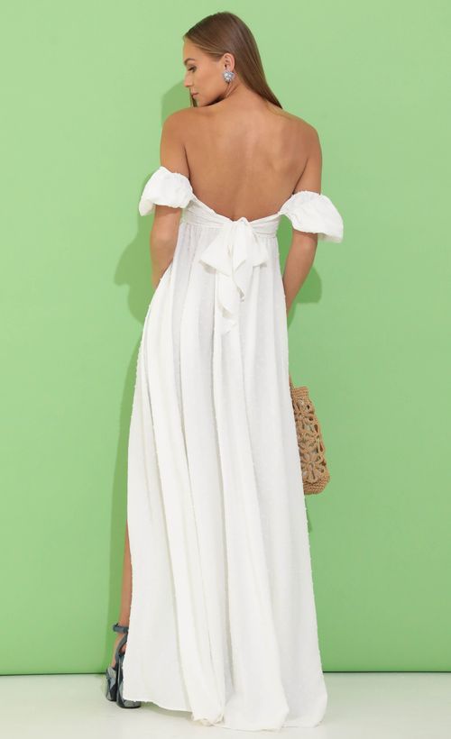 Picture Felicity Dotted Off The Shoulder Maxi in White. Source: https://media.lucyinthesky.com/data/May22_2/500xAUTO/1V9A0113.JPG