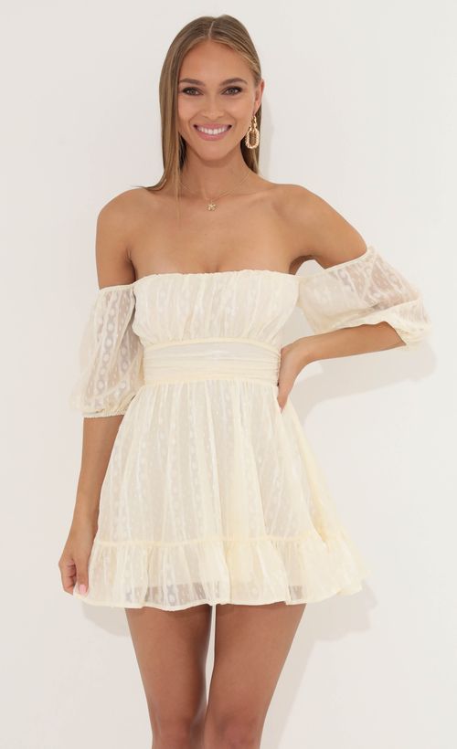 Picture Roxana Chiffon Off The Shoulder Dress in Cream. Source: https://media.lucyinthesky.com/data/May22_2/500xAUTO/1V9A0391.JPG