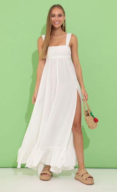 Picture Delani Crepe Pinstripe Maxi Dress in White. Source: https://media.lucyinthesky.com/data/May22_2/500xAUTO/1V9A2757.JPG