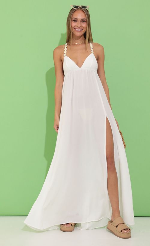 Picture Tatiana Crepe Side Slit Maxi in White. Source: https://media.lucyinthesky.com/data/May22_2/500xAUTO/1V9A3159.JPG