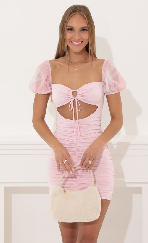 Picture Camie Ruched Bodycon Dress in Pink. Source: https://media.lucyinthesky.com/data/May22_2/500xAUTO/1V9A3795.JPG