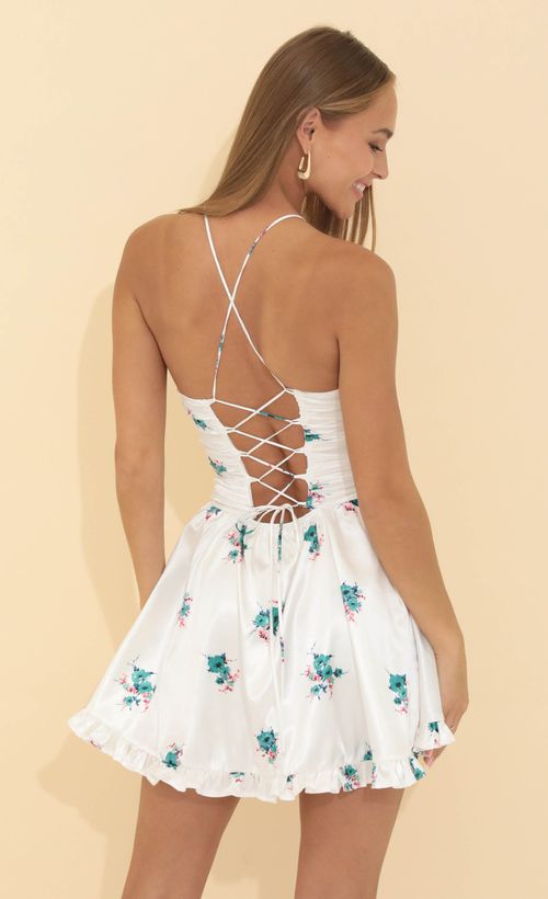 Picture Lina Floral Corset Satin Dress in White. Source: https://media.lucyinthesky.com/data/May22_2/500xAUTO/1V9A4697.JPG