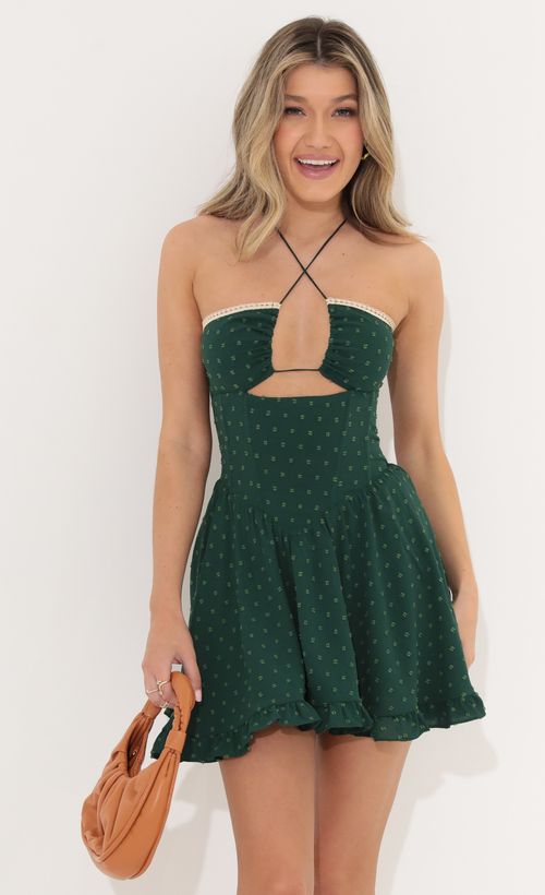 Picture Amy Corset Flare Dress in Green. Source: https://media.lucyinthesky.com/data/May22_2/500xAUTO/1V9A5276.JPG